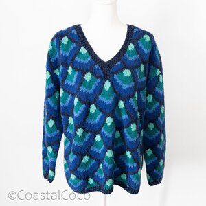 Vintage Jay Jacobs Hand Knit Sweater L Peacock Colorful Chunky Thrifty Grandma